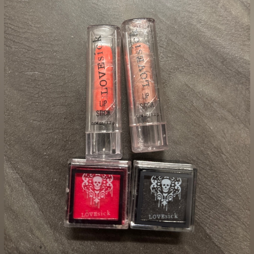 2 Lovesick Lipstick & 2 eyeshadow Bold Orange and Soft Brown red black makeup
